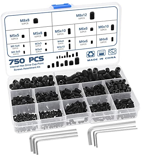 Gueenky 750 Stück Madenschrauben Set, M2,5 M3 M4 M5 M6 M8 Madenschrauben Wurmschraube Sechskantkopf Inbusschraube Kohlenstoffstahl Madenschrauben Sortiment Set mit Inbusschlüssel