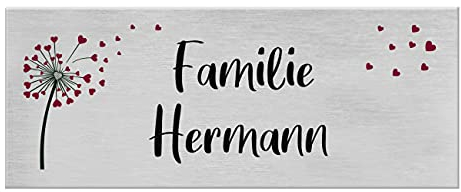 9 Motive, farbige Laserbeschriftung, UV- und witterungsbeständig - Edelstahl Briefkastenschild mit Gravur - Namensschild selbstklebend (3M) - Türschild personalisiert mit Namen - Pusteblume Herzen