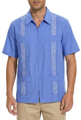 Men's Short Sleeve Guayabera Shirts for Men Cuban Zipper Casual Cotton Beach Tops with Pockets