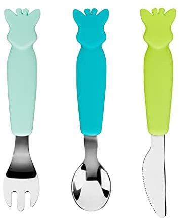 Sophie la Girafe - Set de 3 Couverts - Fourchette, Couteau Fourchette et Cuillère - Silicone - Forme de Girafe sur les Manches - Apprendre à manger comme un grand