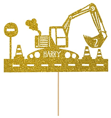 Personalised Digger Excavator Construction Cake Topper- Gold Any Custom Age & Name Glitter Cake Decoration and Sprinkles - Happy Birthday Decorations - Personalised Toppers for Cakes by Cakeshop