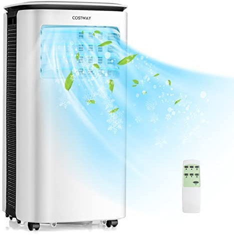 COSTWAY 9000BTU Portable Air Conditioner, 4 in 1 Mobile Cooler, Dehumidifier, Fan with Sleep Mode, 24H Timer, LED Display, Remote Control, 2 Speeds & Adapter for Home Bedroom