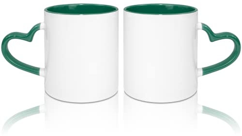 MR.R Tazas de café en blanco de sublimación de 11 onzas, taza blanca en blanco con taza de color verde oscuro interior y mango de corazón, juego de 2