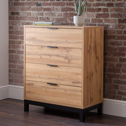 Julian Bowen Bali Chest of Drawers, 4 Drawer, Oak Effect - H97 x W80cm | Industrial Style Drawer Storage Organiser, 4 Drawers, Dresser for Bedroom, Living Room & Hallway