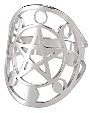 Amaxer Pentagramm Pentagramm Ring für Frauen Edelstahl Wicca Stern Halbmond Phase Offener Verstellbarer Fingerring Schmuck Geschenke für Mädchen Freunde (Silber)