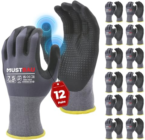 Mustbau 12 Pares de Guantes de Trabajo con Pantalla Táctil y Puntos Negros, Guantes de Nitrilo Resistentes a la Abrasión y Ventilados, Ideales para Trabajo, Jardinería, Mecánica, Construcción (Gris,S)