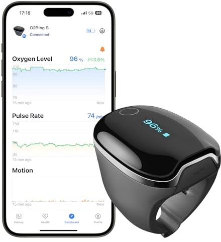 Wellue O2Ring-S Oxygen Monitor with Vibration Reminder, Bluetooth Pulse Oximeter Tracks SPO2 and Pulse Rate, 24 hrs Battery Life, 4*10 Hours Built-in Memory, Rechargeable Pulse Ox with Free PC & APP
