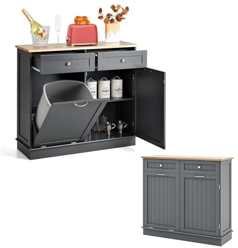 KOMFOTTEU Aparador de Cocina, Armario con Soporte para Botes de Basura 42 L, Mueble de Madera de Caucho con 2 cajones y Estante Ajustable, Mueble Cómoda para Papelera, 100 x 35 x 90,5 cm (Gris)