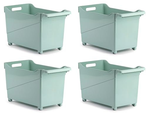 Tradineur - Pack de 4 Carritos de plástico con Ruedas y asa - N.º 2 - Cesta Organizadora para Productos de Limpieza, Baño, Cocina - Color Verde Pastel