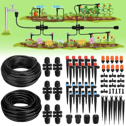 Landtouch Drip Irrigation System, 40FT 1/2 Mainline & 100FT 1/4 Tubing, with Adjustable Drip Emitters Misting Sprinkler, Efficient Sprinkler System Kit for Flower Bed, Raised Bed, Greenhouse, Lawn