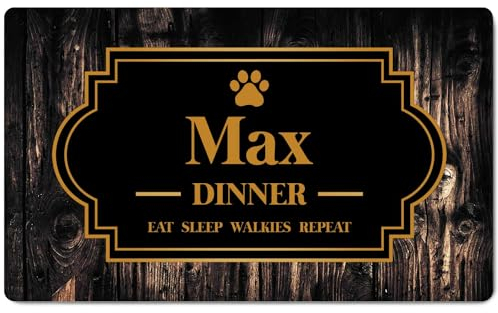 Ferocity Personalisierte Napfunterlage mit Namen | Fressnapf Matte für Hunde und Katzen | Größe 45 x 75 cm | 4 mm Gummierte Unterlage & Schuhmatte | Haustier Motiv | Farbe Wood Back [140]
