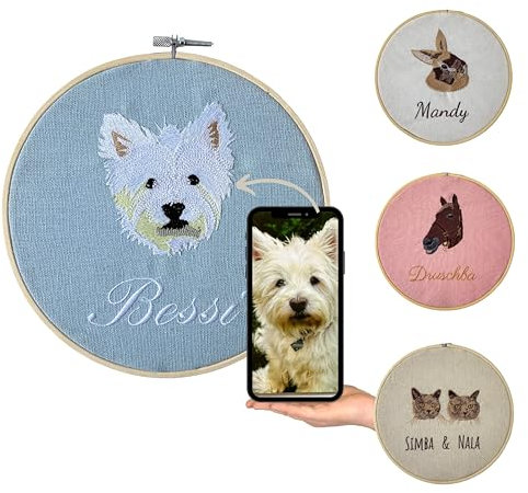 Stickrahmen personalisiert mit Ihrem Haustier bestickt - Einzigartiges Tierportrait als Geschenk für Tierliebhaber (Hellblau)