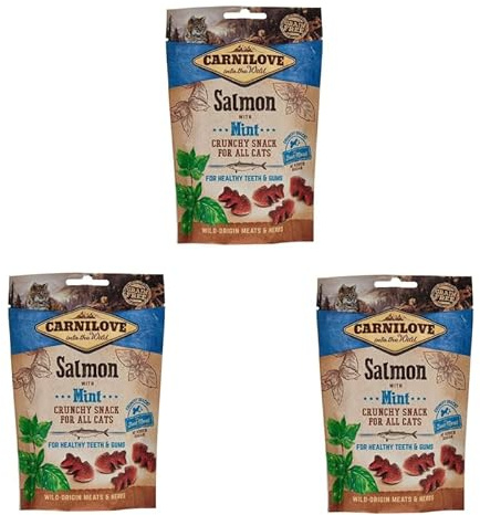 Carnilove Salmon with Mint | 3er Pack | 3 x 50 g | Ergänzungsfuttermittel für Katzen mit Lachs und Wilder Minze | Kann die Gesundheit von Zähnen und Zahnfleisch unterstützen