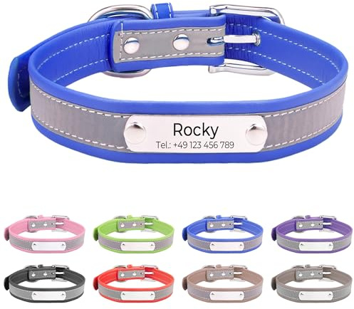 Reflektierend Halsband für Hunde aus Leder Personalisierte Hundehalsband mit Namen Gravur Blau Halsband mit Namenschild für den großen, mittleren Hund,Hundehalsbänder XL
