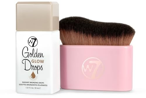 W7 Golden Glow Drops & Brush Duo - 2 Piece Set - Liquid Bronzing Drops & Face & Body Applicator Brush