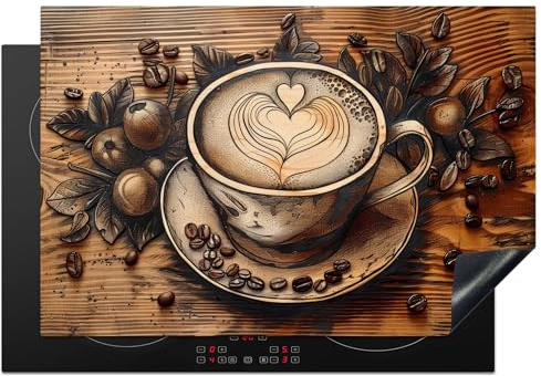 KitchenYeah© Herdabdeckplatte Einteilig Küche Herdabdeckung Induktionsfeld | 76x51 cm - Ceranfeld Herdabdeckplatten Vinyl Matte Aufrollbar Kaffee - Vintage - Braun - Tasse - Holz