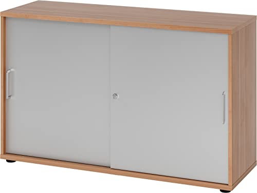 bümö Schiebetürenschrank 2OH - Aktenschrank abschließbar, Sideboard Schrank mit Schiebetüren in Nussbaum/Silber - Büroschrank aus Holz mit Schiebetür, Büro Kommode für Ordner & Co.