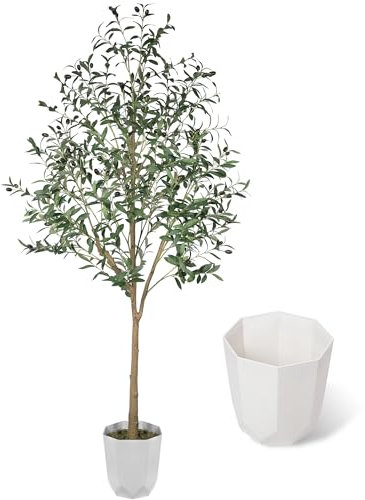 CQURE180CM Artificial Olive Tree, Tall Faux Plant Indoor Potted With Natural Wood Trunk and Lifelike Fruits for Home Office Living Room Decor (Includes White Pot)