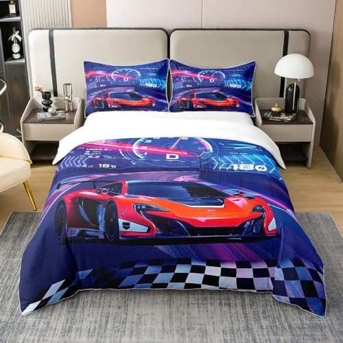 Loussiesd Lila Rot Rennwagen Bettwäsche Set 135x200cm 100% Baumwolle Jungen Extreme Sportwagen Bettbezug Set für Kinder Jungen Cool Auto Betten Set Auto Sports mit 1 Kissenbezug