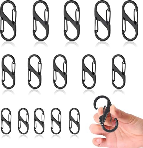 S Carabiner Keyring Clip, 3 Sizes Dual Spring Small Carabiner Clips, Carabiner S Ring Clip Hook for Camping, Key Chain, Traveling, Outdoor Sports (Black,15 Pack)
