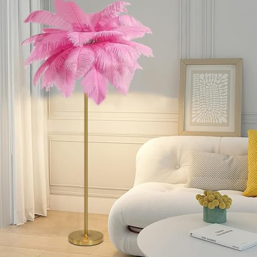 LBLFEBD Lampe sur Pied avec Plumes D'autruche - Lampadaire Bleu, Rose, Blanc - Lumière Dimmable - Idéal pour Chambre et Salon - Cadeau Parfait pour Fille - 50X160cm