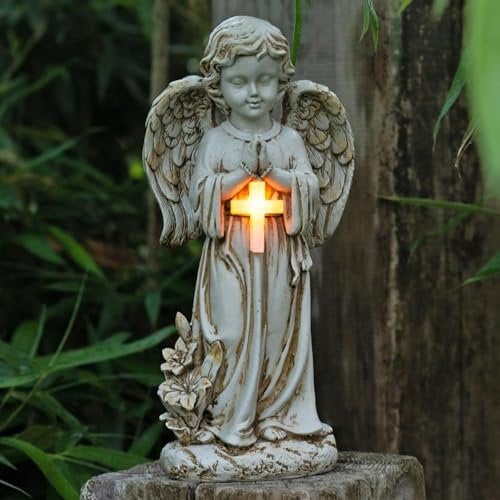 Tuzsocr Solar Engel Gartenstatue - LED-Schutzengel-Figur, Wetterfeste Betende Figur am Grab, Grablicht Outdoor-Dekoration, Skulptur Deko für Rasen, Hof, Terrasse, Fensterbank, 31cm