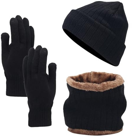 generisch Schal-Handschuhe-Mützen-Set für Teenager-Mädchen, Damen und Herren, Winter, warme Wollmütze, Schal-Handschuhe, dreiteilig Mütze Schal Set Damen Gelb (Black, One Size)