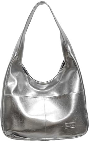 CRGANGZY Hobo-Tasche for Damen, Magnetverschluss, Tragetasche, PU-Leder, solide Unterarmtasche, trendige große Reise-Pendlertasche (Silber)