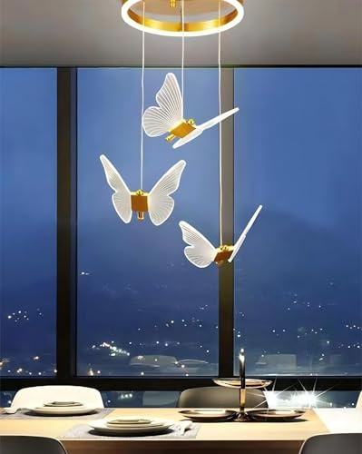 RuiRfh Kronleuchter LED Schmetterlingsform dekorative Treppe Pendelleuchte höhenverstellbar Villa Innen große goldene Deckenlampe dimmbar geeignet für Wohnzimmer Restaurant Hotelbar Hängelampe(Warm li