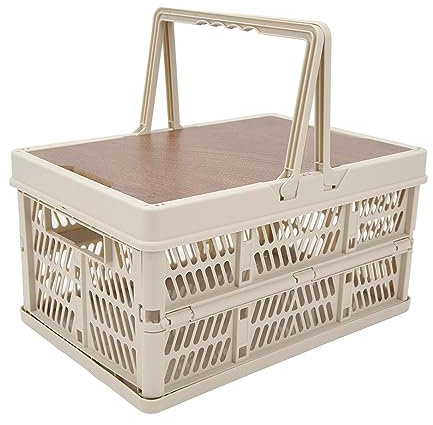 GEEKHOM Campingbox, 25L Picknickkorb Aufbewahrungsbox Faltbare mit Handgriff und Holz Deckel Stapelboxen für Hause Büro Camping Picknick Reisen Familie Auto Kofferraum, Beige