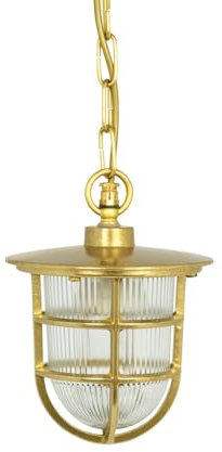 Licht-Erlebnisse Outdoor Hängeleuchte Messing Riffelglas E27 IP44 H: max. 75 cm verstellbar regenfest rostfrei Maritim Hängelampe aussen Außenlampe hängend