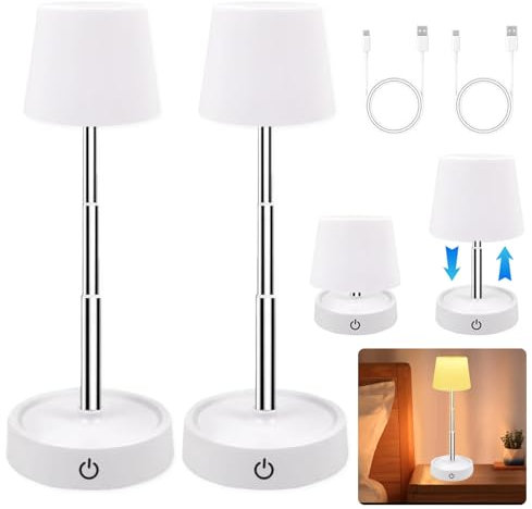 HuaMuDM 2 Stück Tischlampe Höhenverstellbar, Teleskop Tischleuchte, Nachttischlampe,Tischlampe Kabellos, LED Aufladbar Akku Tischleuchte Dimmbare, Touch Nachttischlampe für Nachttisch