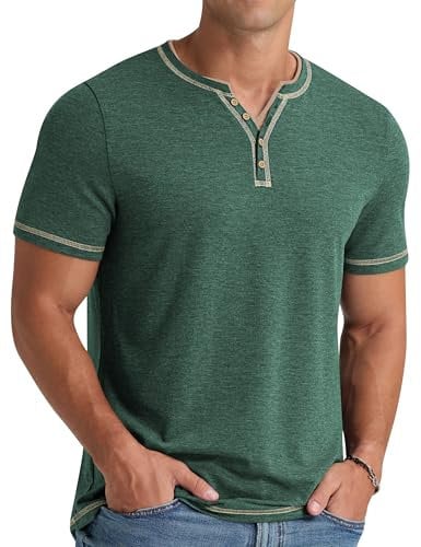 NITAGUT Men's Henley T-Shirts Short Sleeve Front Placket V-Neck Shirts Tops Summer Casual Fashion Tee Tops,DarkGreen,XL