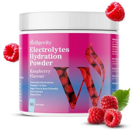 Wellgevity Raspberry Electrolytes Powder – 90 Servings, Sugar Free Electrolyte Hydration Drink, Keto, Electrolyte Powder for Hydration & Keto Fasting – Sugar Free Electrolytes Drink. New!
