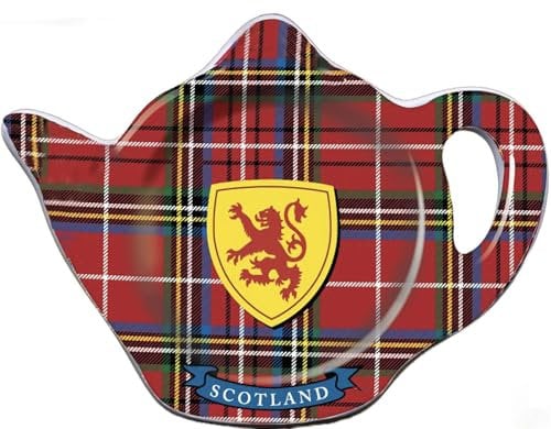 I LUV LTD Tea Bag Tidy Rest, Used Tea Bags Holder, Teapot Shape Coaster Tartan Design with Rampant Lion, Ceramic Teabag Dish, Kitchen Tea Spoon Holder Rest