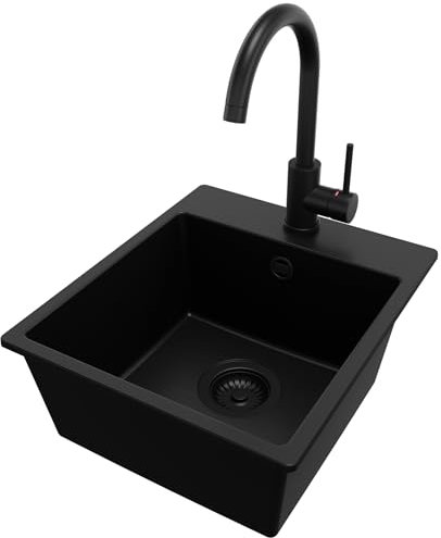 PRIMAGRAN Evier Cuisine en Granit Tout Noir 38x44cm, Lavabo 1 bac + Robinet 32x20cm + Kit de Vidage, Évier à Encastrer al mueble 40cm - Riga Easy S010
