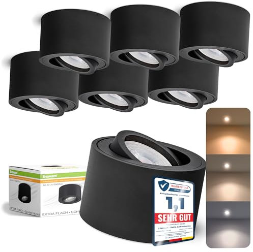 linovum 6x SMOL schwarze Aufbauspots Decke schwenkbar flach mit lumiFLEX LED Lampe warmweiß/neutralweiß/kaltweiß - Aufbauleuchte 230V 4W