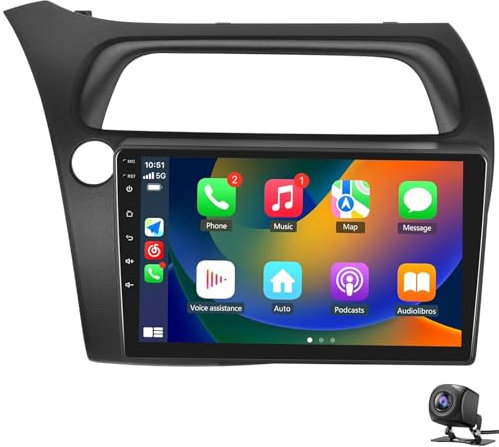 Radio Android 14 para Honda Civic Hatchback 2005-2011 con CarPlay inalámbrico Android Auto BT estéreo navegación GPS AUX pantalla táctil de 9 pulgadas WiFi audio HiFi y cámara de visión trasera con m