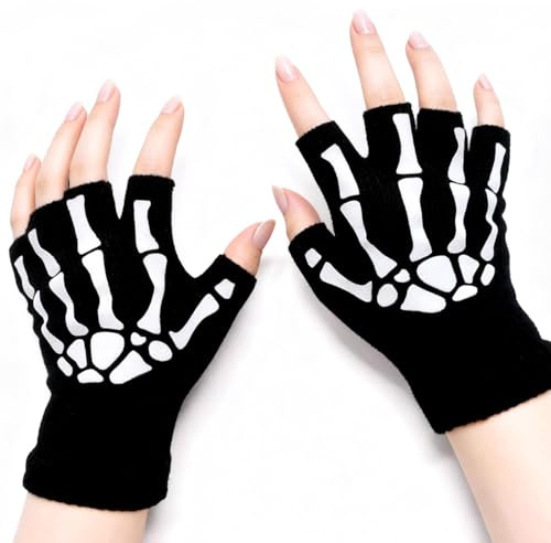 VOPIWOZ Halloween Skelett Handschuhe, leuchtende Skelett Halbfinger Handschuhe