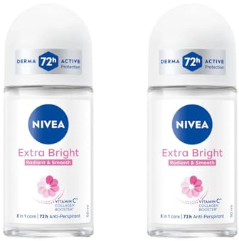 NIVEA Extra Bright 8 Super Food Vitamin C Collagen Booster Underarm Roll-On Deodorant, Alcohol-Free, 72HR Odor Protection, Smooth & Bright Skin, 50ml, 1.69oz, Pack of 2