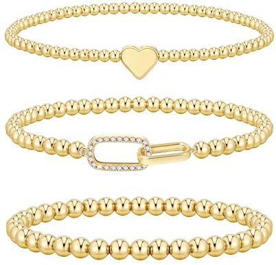 Turandoss 3 Stück Armband Damen Gold,Elastisch Gold Perlenarmband Stack Set | 14K Vergoldet Beads/Schleife/Herz Armband Damen, Elastisches Verstellbare, Geburtstag Geschenke Schmuck für Frauen Mädchen