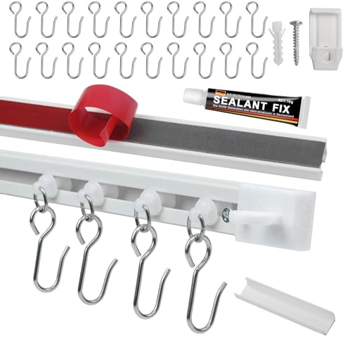 Haoledy Selbstklebende Vorhangschiene Deckenmontage, 4×37cm(148cm) Gardinenschiene ohne Bohren Erweiterbar, mit 20 Rollen & Metallhaken,Gardinenstange Klebend/Bohrmontage,Deckenmontage/Wandmontage