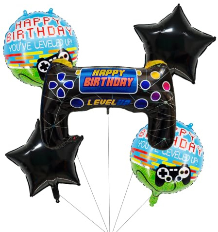 Koboko Gaming Birthday Foil Balloons Set, Happy Birthday Level Up Game Console Design, Black, Pack of 5
