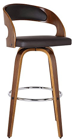 Armen Living Shelly 26 Seat Height Mid Century Modern Swivel Bar Stool for Kitchen Island Counter in Brown Faux Leather and Walnut Wood