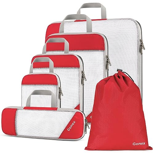 Gonex Compression Packing Cubes, 6 PCS Travel Luggage Packing Organizers with Mesh Extensible Suitcase Organiser for Travel, Red