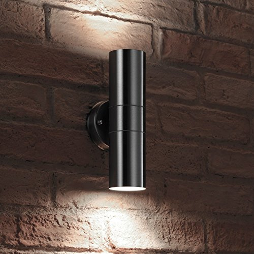 Auraglow Up and Down Wall Lamp Stainless Steel, GU10 Bulbs, Cool White | IP44 outdoor tempered glass fitting, 2 x 7W LED included, twin beam glow for porch, garage and front door