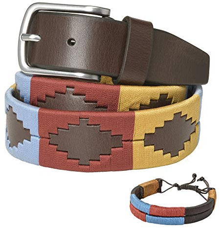 PELPE - Cinturón argentino de piel, con pulsera de hilo y cuero a juego. Cinturón bordado sobre cuero, para hombre y mujer. Cinturones argentinos Polo.