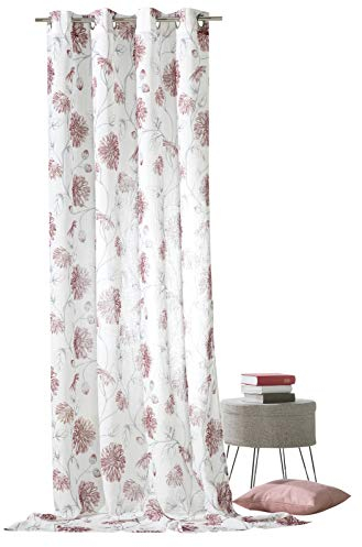 heimtexland ® Ösenschal Blumen Rot auf Leinen Optik Natur Landhaus Vorhang Modern HxB 245x140 Gardine Typ649