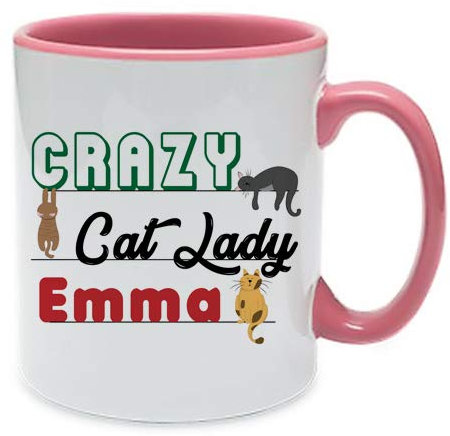 Personalised Crazy Cat Lady Themed 11 oz Ceramic Pink Inside Coloured & Pink Handle Mug