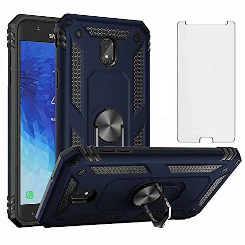 Phone Case for Samsung Galaxy J3 2018 with Tempered Glass Screen Protector Stand Ring Holder Shockproof Silicone Heavy Duty Accessories Magnetic Hard Rubber Kickstand Rugged Metal Glaxay Women Blue
